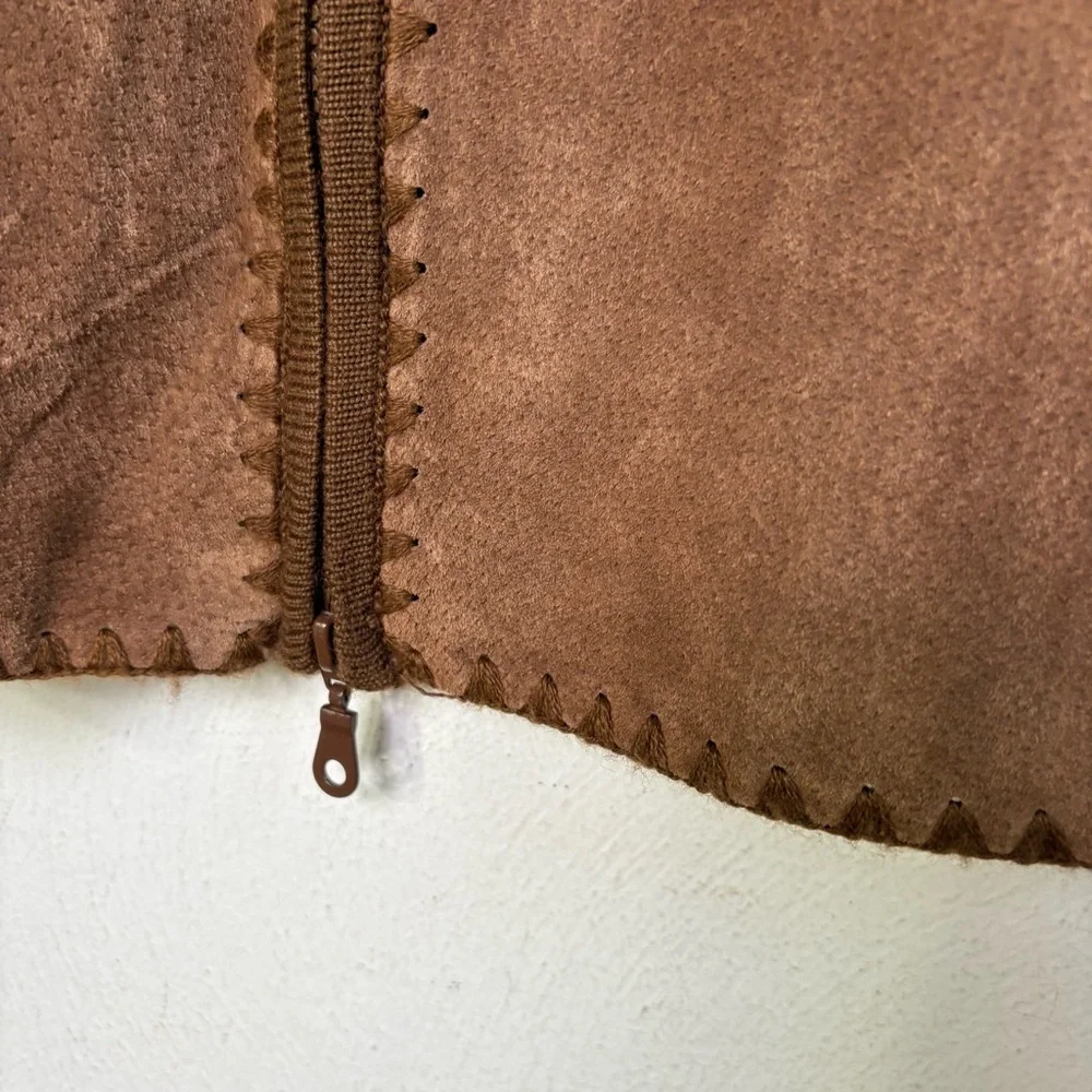 Vintage Wool Blend Suede Leather Patchwork Zip Cardigan Jacket Sweater Boho 70s - Picture 4 of 16